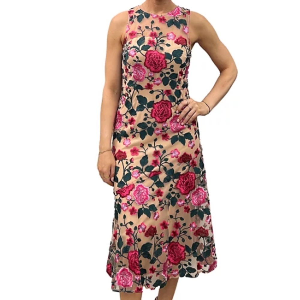 Sam Eldelman Pink Rose Embroidery Illusion Midi Size 2